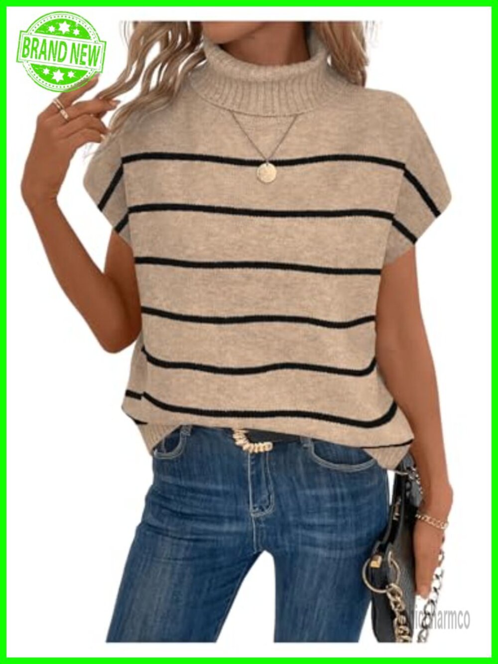 Oversized Turtleneck Knit Sweater Vest Cap Sleeve Pullover